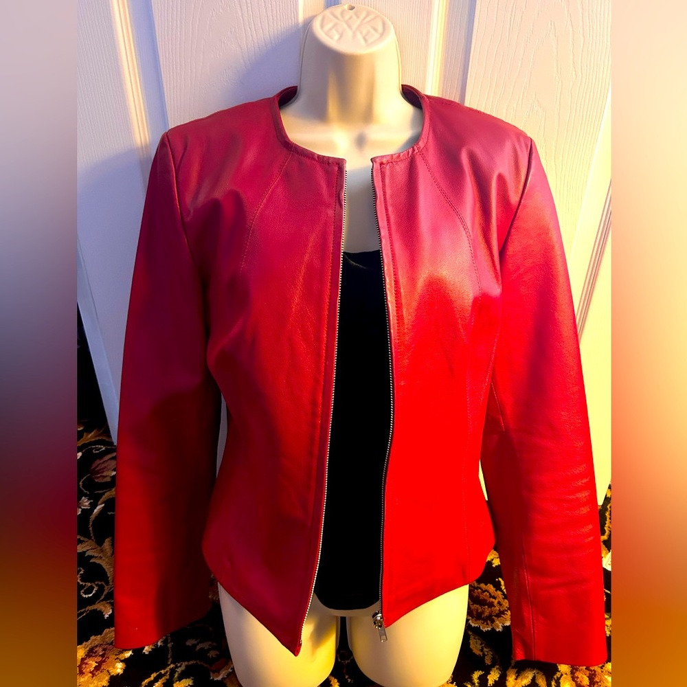 Red Leather Moto Style Jacket